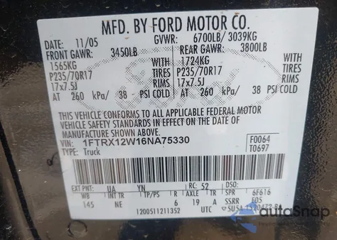 2006 Ford F-150 Stx/Xl/Xlt из США, поврежденный, VIN 1FTRX12W16NA75330